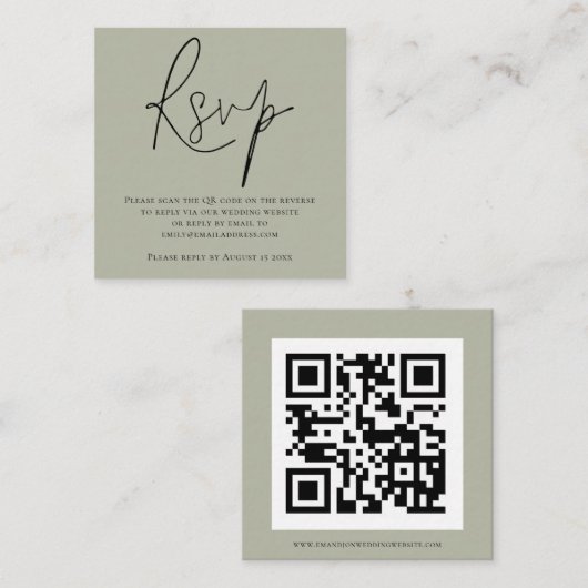 Script QR Code Soft Sage Green Wedding RSVP Begleitkarte (Vorne/Hinten)