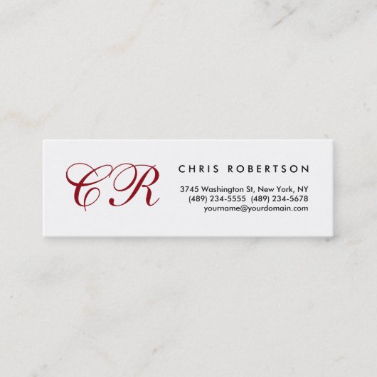 Script Red Monogram White Slide Size Business Card Mini Visitenkarte (Vorderseite)