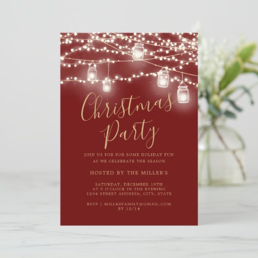 Script Red Whites Lights Weihnachts-Party Einladung (Stehend Vorderseite)