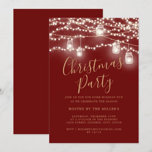 Script Red Whites Lights Weihnachts-Party Einladung (Vorne/Hinten)