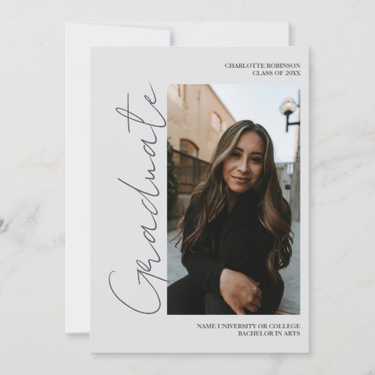 Script retro gray graduate photo graduation einladung (Vorderseite)
