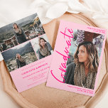 Script Retro Neon rosa Graduate Foto Abschluss Einladung<br><div class="desc">Moderne und einfache cool Retro Neon pink und staubige rosa Graduate Drehbuch Open House Foto Abschluss. Fügen Sie 4 Ihrer Lieblings-Fotos mit einem modernen gebürsteten Schriftart und Foto Gitter Collage.</div>