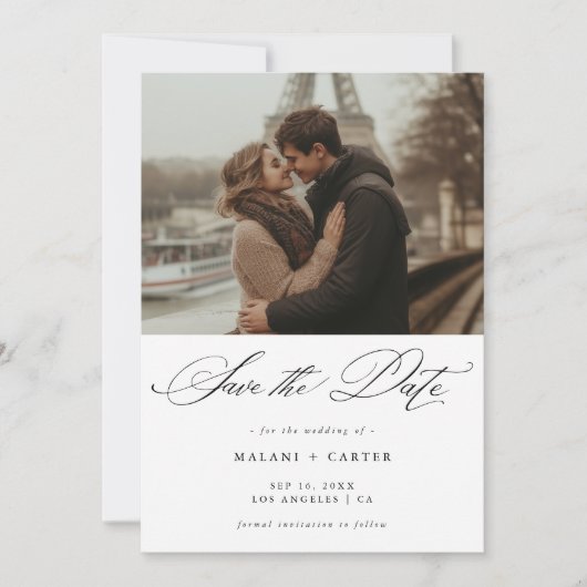 Script Romantisches Foto Erschwingliche Hochzeit Save The Date (Vorderseite)