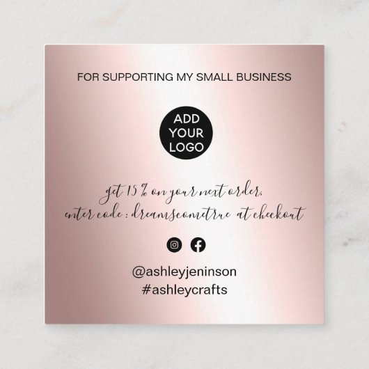 Script-Rose Gold-Metal-Chic-Bestellung Vielen Dank Quadratische Visitenkarte (Rückseite)