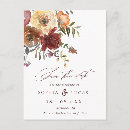 Script Rust Burgundy Floral Wedding Save the Date Ankündigungspostkarte (Vorderseite)