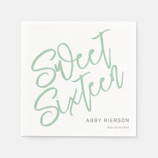 Script Sage Green 16 . Geburtstag Individuelle Nam Serviette (Vorderseite)