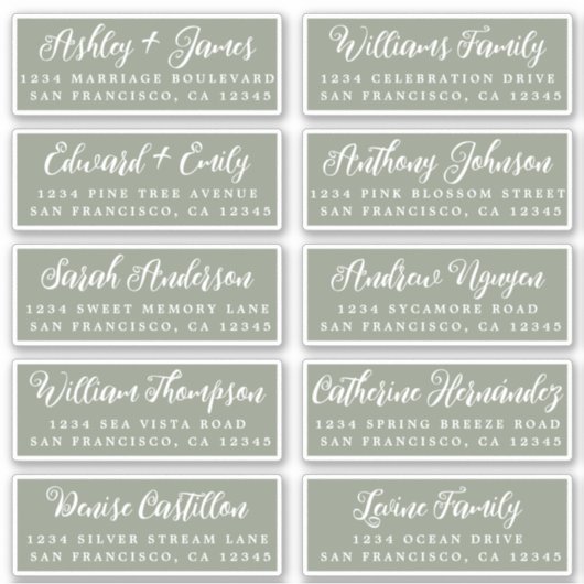 Script Sage Green Wedding Guest Address Labels (Vorderseite)