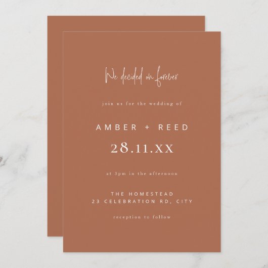 Script Schriftart Moderner Hochzeitkupferfarbblock Einladung (Vorne/Hinten)