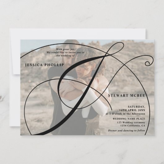 Script Schwarz-weiß 2 Foto Kalligraphie Hochzeit Einladung (Vorderseite)