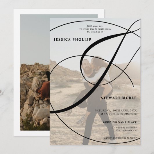 Script Schwarz-weiß 2 Foto Kalligraphie Hochzeit Einladung (Vorne/Hinten)