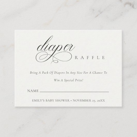 Script Schwarz-weiß Diaper Raffle Babydusche Begleitkarte (Vorderseite)