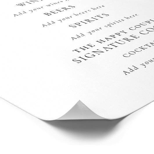 Script Schwarz-weiße Hochzeitsgetränke Bar-Zeichen Poster (Ecke)