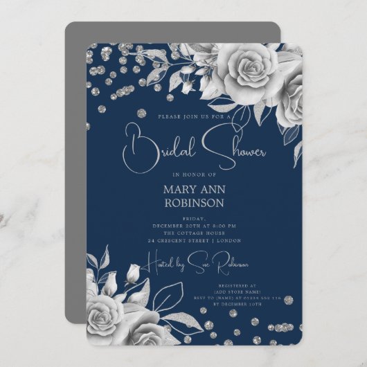 Script Silver Glitzer Brautparty Navy Einladung (Vorne/Hinten)