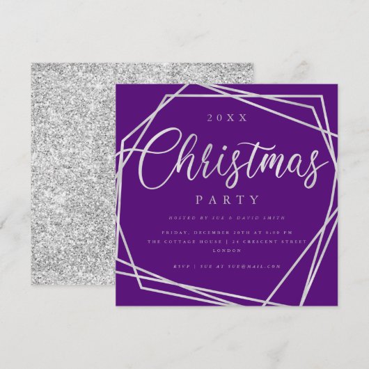 Script Silver Lila Glitzer Weihnachts-Party Einladung (Vorne/Hinten)