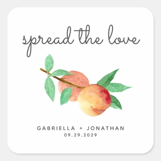 Script Spread The Love Peach Jam Wedding Favor Quadratischer Aufkleber (Vorderseite)