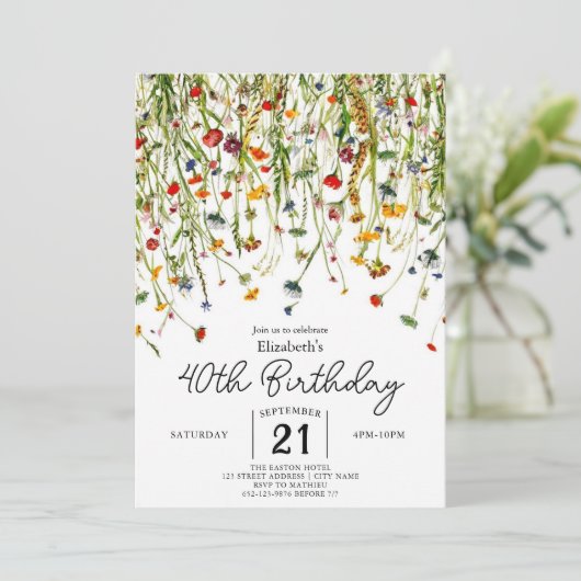 Script Spring Wildblumen 40. Geburtstag Einladung (Stehend Vorderseite)