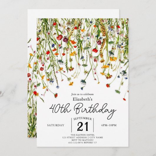 Script Spring Wildblumen 40. Geburtstag Einladung (Vorne/Hinten)