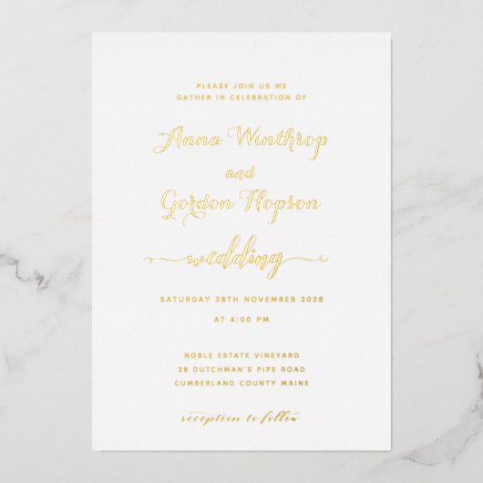 Script Swash Calligraphy Wedding Gold Folieneinladung (Vorderseite)