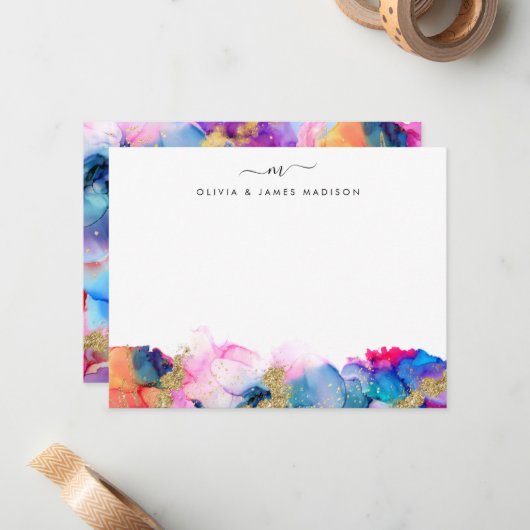 Script Swash Monogram Couple Rainbow Alcohol Ink Mitteilungskarte (Vorderseite/Rückseite Beispiel)