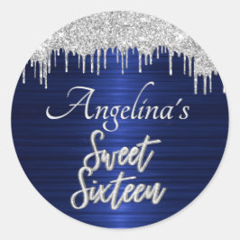 Script Sweet 16 Birthday Silver Glitzer Blue Runder Aufkleber