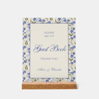 Script Sweet Pea Floral Cream und Blue Wedding Acrylschild