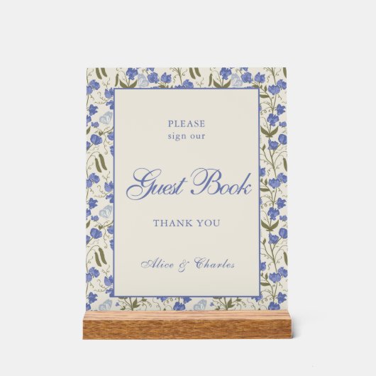 Script Sweet Pea Floral Cream und Blue Wedding Acrylschild (Vorderseite)