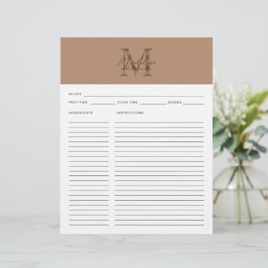 Script Taupe Metallic Gold Monogram Recipe (Stehend Vorderseite)