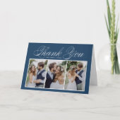 Script Three Foto Collage Blue Wedding Dankeskarte (Vorderseite)