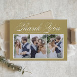 Script Three Foto Collage Gold Wedding Dankeskarte<br><div class="desc">Vielen Dank an Familie und Freunde, dass sie mit dieser individuell gestaltbaren Collage für Ihr Foto an Ihrem Event teilgenommen haben. Es zeichnet sich durch elegante Schrift und einfache Typografie aus. Personalisiert, indem Sie Ihre eigenen Details hinzufügen und Ihre Lieblings-Hochzeitsfeiern Fotos. Dieses Foto Dankeschön-Karte ist auch für Babyduschen, Geburtstage, Brautpartys...</div>