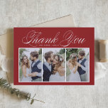 Script Three Foto Collage Red Wedding Dankeskarte<br><div class="desc">Vielen Dank an Familie und Freunde, dass sie mit dieser individuell gestaltbaren Collage für Ihr Foto an Ihrem Event teilgenommen haben. Es zeichnet sich durch elegante Schrift und einfache Typografie aus. Personalisiert, indem Sie Ihre eigenen Details hinzufügen und Ihre Lieblings-Hochzeitsfeiern Fotos. Dieses Foto Dankeschön-Karte ist auch für Babyduschen, Geburtstage, Brautpartys...</div>