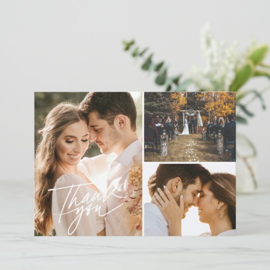 Script Three Foto Collage Wedding Vielen Dank Karte (Stehend Vorderseite)