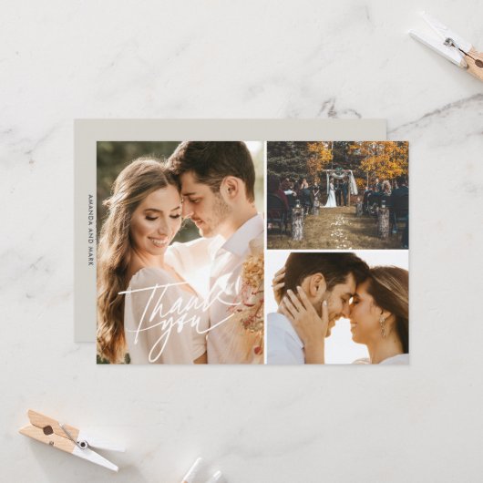 Script Three Foto Collage Wedding Vielen Dank Karte (Vorderseite/Rückseite Beispiel)