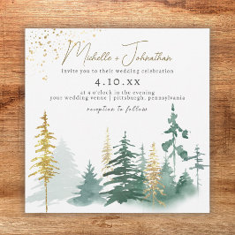 Script Trendy Gold Green Forest Rustic Wedding Einladung