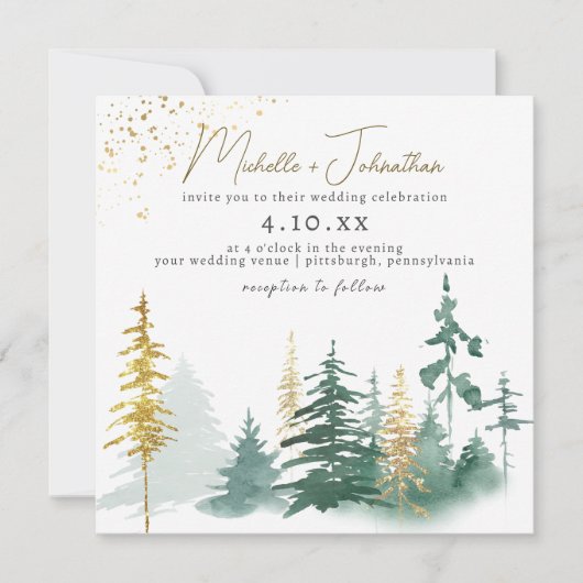 Script Trendy Gold Green Forest Rustic Wedding Einladung (Vorderseite)