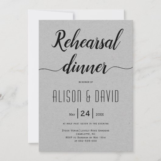 Script Typografie graue Hochzeit Probe Abendessen Einladung (Vorderseite)