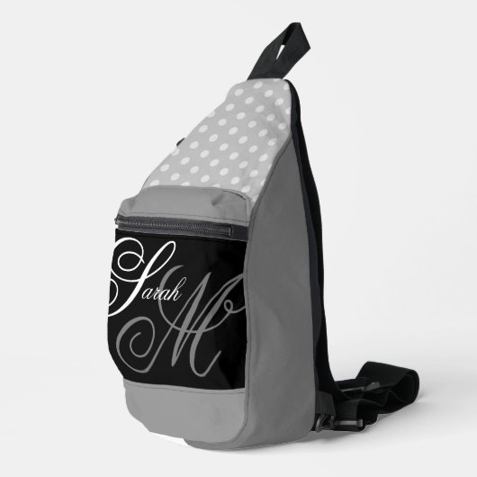 Script Typografy Black Gray White Monogram Crossbody Bag (Rechte Ecke)