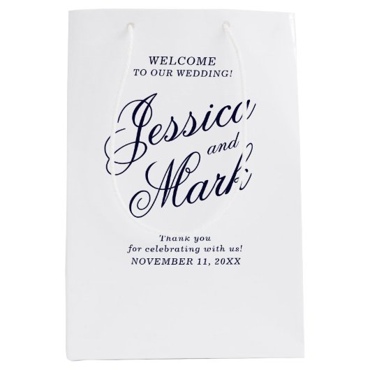 Script Typografy Blue Wedding Willkommen Mittlere Geschenktüte (Vorderseite)