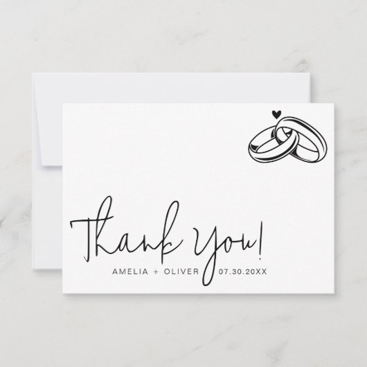 Script Typography Couple Rings Modern Wedding Dankeskarte (Vorderseite)