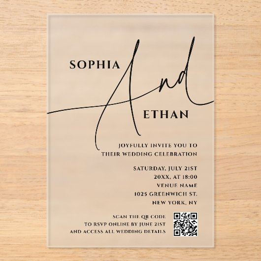 Script Typography Minimalist QR Code Wedding Acryleinladungen (Vorderseite)