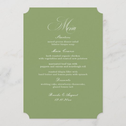 Script Typography Sage Green Wedding Menu Card Einladung (Vorderseite)