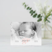 Script und Pink Monogram Baby Foto Postkarte (Stehend Vorderseite)