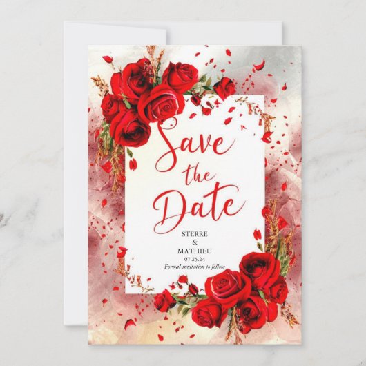 Script Unique Crimson-Rote Rosen Hochzeit Save The Date (Vorderseite)