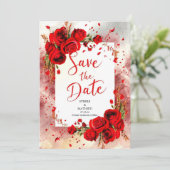 Script Unique Crimson-Rote Rosen Hochzeit Save The Date (Stehend Vorderseite)