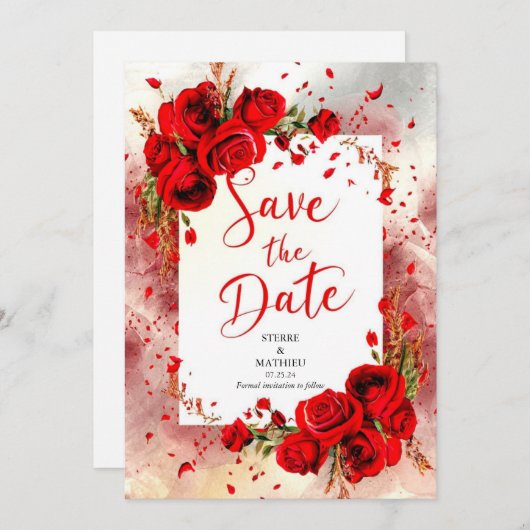 Script Unique Crimson-Rote Rosen Hochzeit Save The Date (Vorne/Hinten)