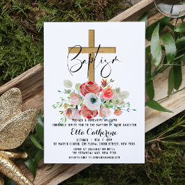 Script Watercolor Floral Cross Taufe Einladung