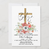 Script Watercolor Floral Cross Taufe Einladung (Vorderseite)