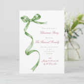 Script Watercolor Green Ribbon Bow Weihnachts-Part Einladung (Stehend Vorderseite)