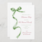 Script Watercolor Green Ribbon Bow Weihnachts-Part Einladung (Vorne/Hinten)