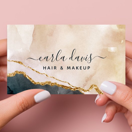 Script Watercolor Pink Black Gold Marmor QR Code Visitenkarte