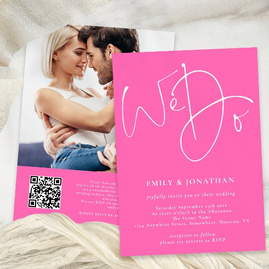 Script We Do Photo QR Code Hot Pink Wedding Einladung